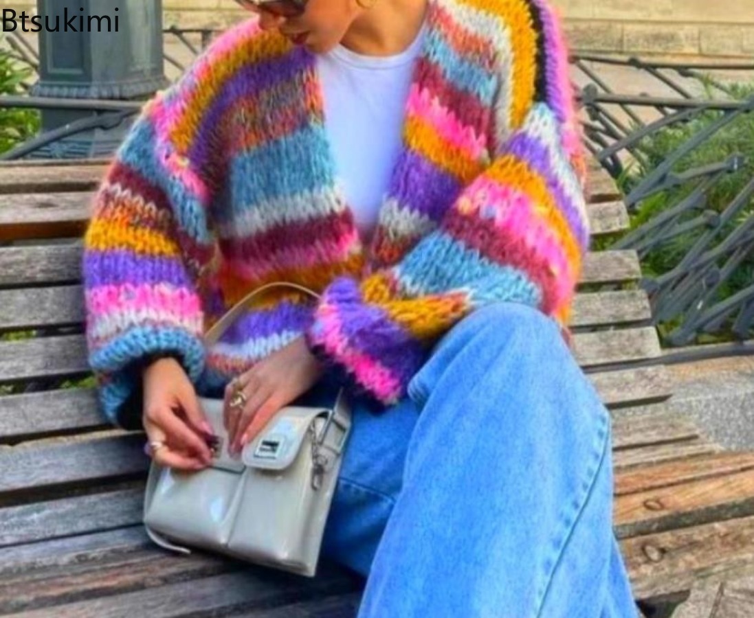Sewing Jackets - 2026 Women Cardigan Sweater Colorful Striped