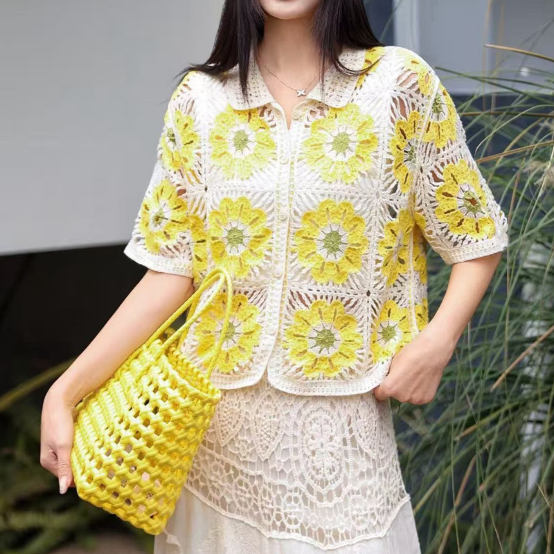Sewing Jackets - Granny Square Crochet Knit Polo Shirt