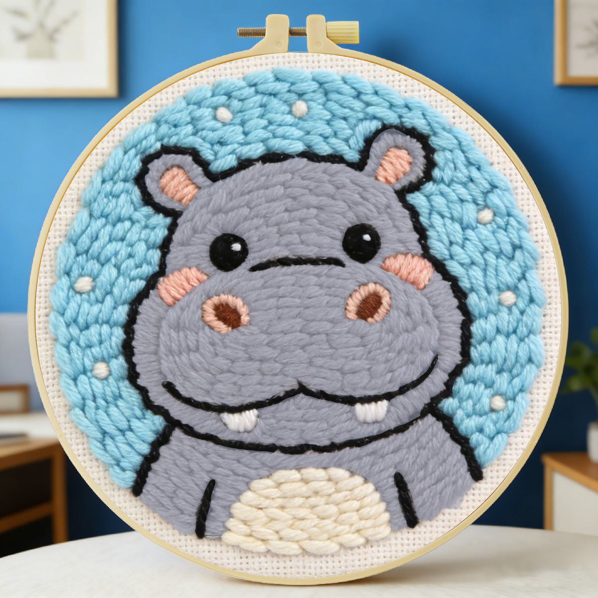 Sewing Textile Art - 20X20CM/7.87inch Hippos punch needle embroidery set